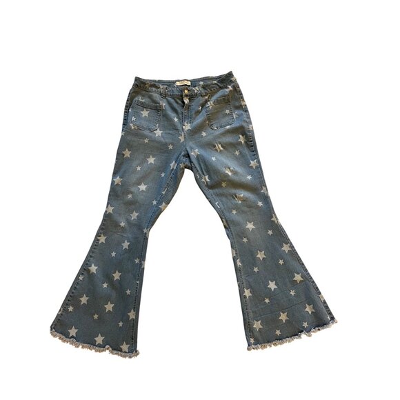 Est. 1946 Denim Denim - Est. 1946 Denim Star Print Flare Jeans Super Hi-Rise Frayed Hem 16W Blue Y2K EUC